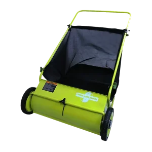 Liberal 26-inch hand push lawn sweeper with mesh collection bag – eco-friendly manual yard cleaning tool on a grassy lawn