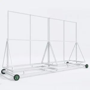Studio side view of a white Liberal double-action cricket sight screen frame.