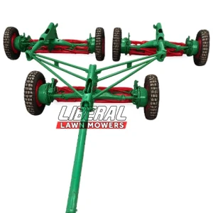 Front view of 3-unit tractor trailed gang lawn mower with rubber tires by Liberal Lawn Mowers, designed for professional turf and sports ground maintenance across Pakistan.