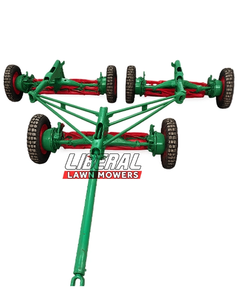 Front view of 3-unit tractor trailed gang lawn mower with rubber tires by Liberal Lawn Mowers, designed for professional turf and sports ground maintenance across Pakistan.