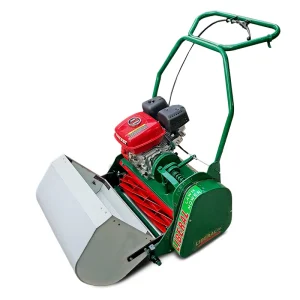 Honda engine reel mower with white grass catcher labeled ALM 24