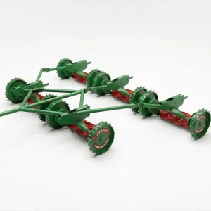 Liberal 5-unit gang mower with spiked metal wheels for high-traction fairway and sports field mowing.