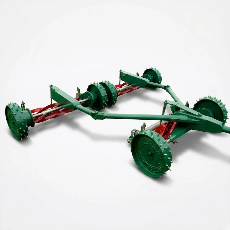 3-unit tractor-driven gang mower with durable spike wheels for sports ground maintenance.