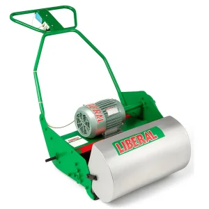 Liberal electric cylinder lawn mower in racing green with a silver galvanized metal grass collection box.