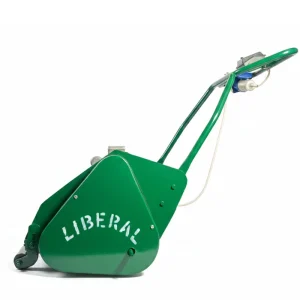 Full side profile of the Liberal electric lawn mower showing the ergonomic handle and drive housing.
