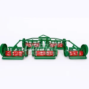 Top view of 5-unit tractor trailed gang reel lawn mower with spike wheels by Liberal Lawn Mowers – heavy-duty turf maintenance machine