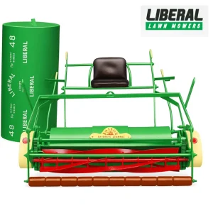 Heavy-duty tractor trailed cylinder lawn mower with operator seat, available in 48-inch and 60-inch cutting widths.