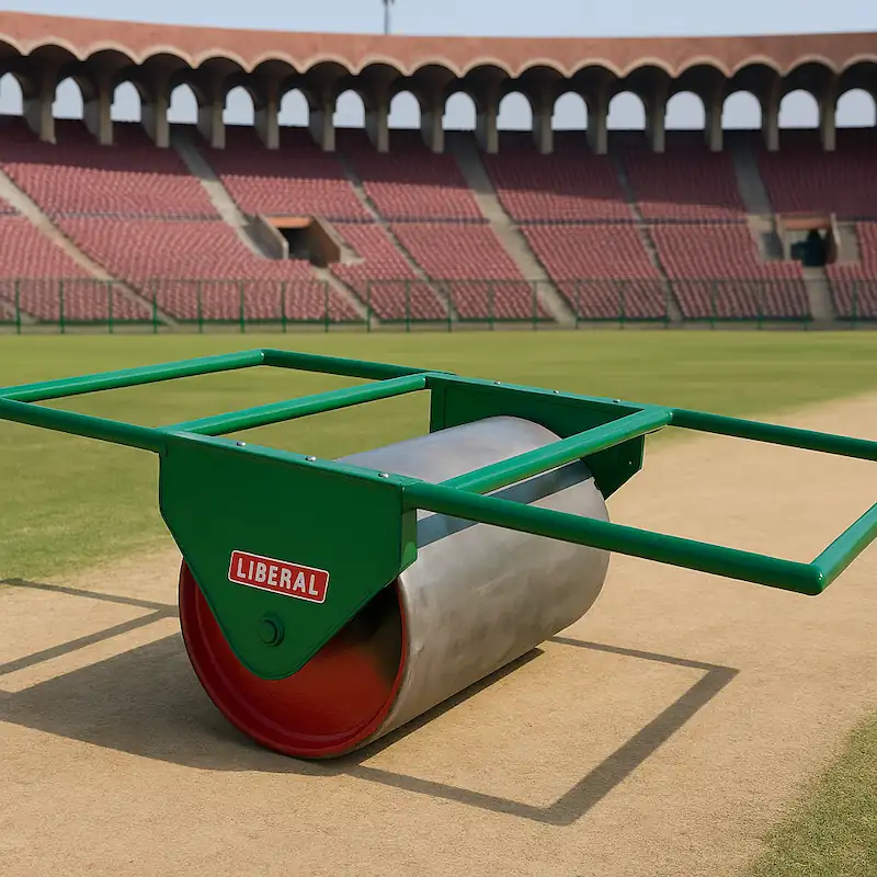 Manual turf roller for leveling and maintaining cricket pitches and sports grounds – durable steel build for professional use.