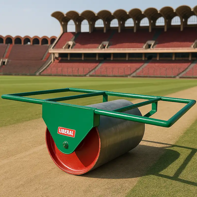 Manual turf roller for leveling and maintaining cricket pitches and sports grounds – durable steel build for professional use.