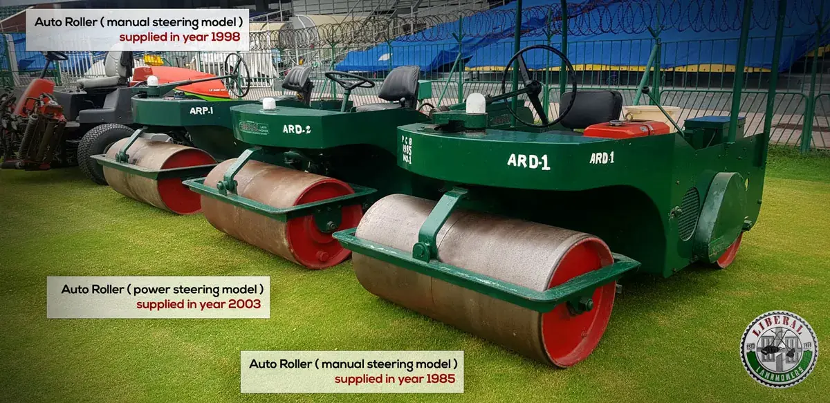 Hero image of Liberal Lawn Mowers’ decades-old auto turf roller at Gaddafi Stadium Lahore, demonstrating proven reliability.