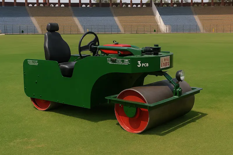 A clean, modern, self-propelled, green and yellow cricket auto roller, a domestic production model used for compacting pitches at Pakistani cricket grounds.