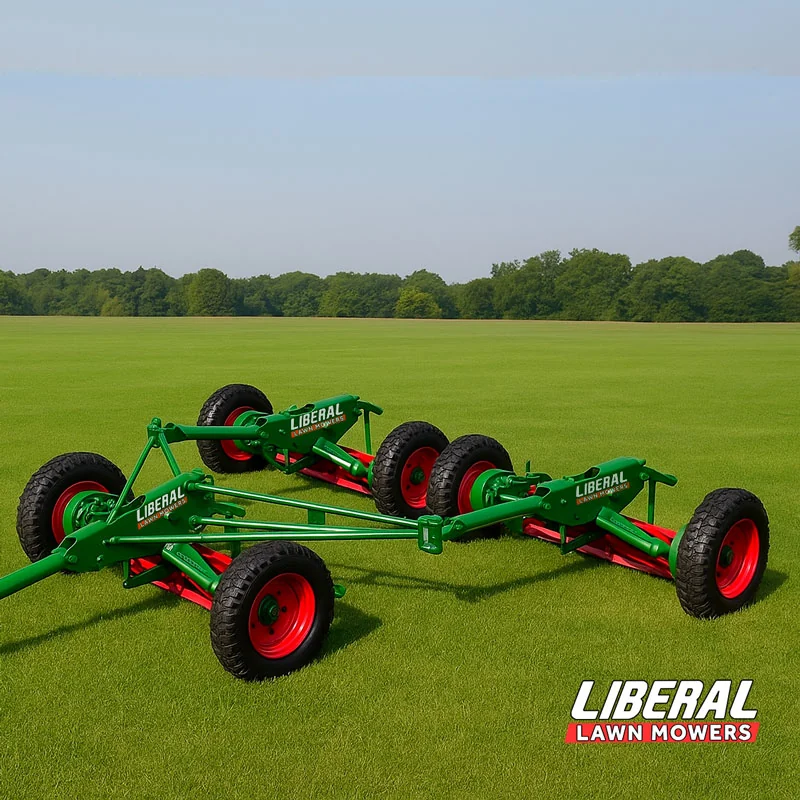Side view of 3-unit tractor-driven gang lawn mower operating on a polo field, manufactured by Liberal Lawn Mowers Pakistan for professional turf maintenance.