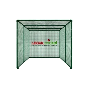 Professional green cricket batting cage by Liberal Cricket, viewed from the front, highlighting the depth of the net for hardball training.
