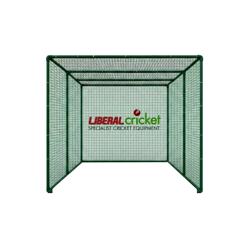 Liberal Cricket Batting Cage Pakistan | Fixed Hardball Practice Net for Clubs & Academies | cricket net practice cage | Liberal Lawn Mowers – Pakistan’s Trusted Turf Care & Sports Ground Equipment Manufacturer Professional green cricket batting cage by Liberal Cricket, viewed from the front, highlighting the depth of the net for hardball training.