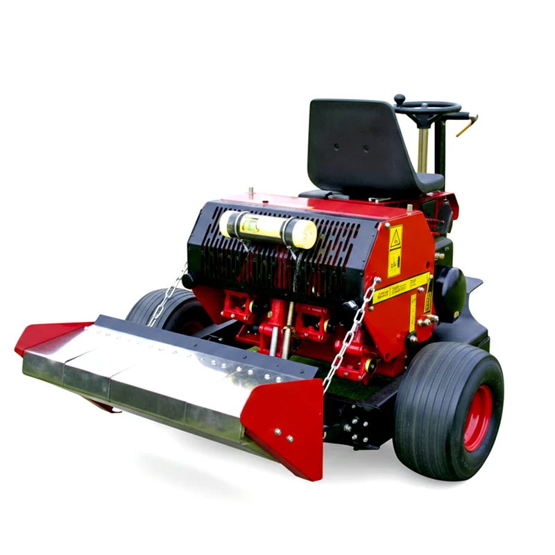 Verti-Drain Ride-On Spike Coring Machine – Deep Aerator for Lawns & Sports Grounds — Pakistan | Liberal | Verti-Drain | Liberal Lawn Mowers – Pakistan’s Trusted Turf Care & Sports Ground Equipment Manufacturer Rear three-quarter view of the Liberal 7007 Ride-On Verti-Drain, showing the operator's controls, steering wheel, and large flotation tires.