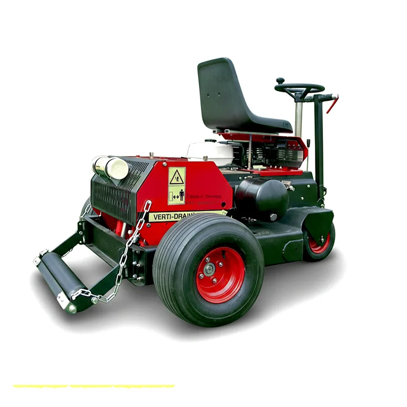 Verti-Drain Ride-On Spike Coring Machine – Deep Aerator for Lawns & Sports Grounds — Pakistan | Liberal | Verti-Drain | Liberal Lawn Mowers – Pakistan’s Trusted Turf Care & Sports Ground Equipment Manufacturer Side view of the Liberal 7007 Ride-On Verti-Drain, highlighting the engine housing and large rear aeration tires.