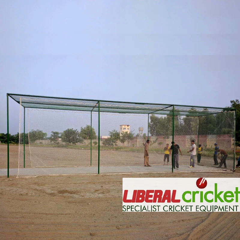 Liberal Cricket Net Cage 50ft x 25ft x10 ft – HDPE NETING Practice Enclosure LLM Pakistan Fixed cricket net cage with iron and polyester netting by Liberal Lawn Mowers, ideal for schools and academies