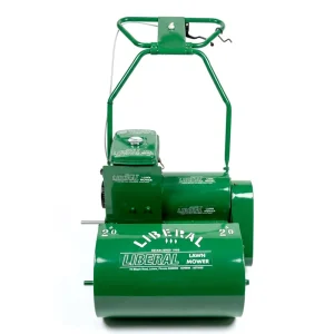 Top-down view of the Liberal Zero Cut petrol mower showing the main roller and engine placement