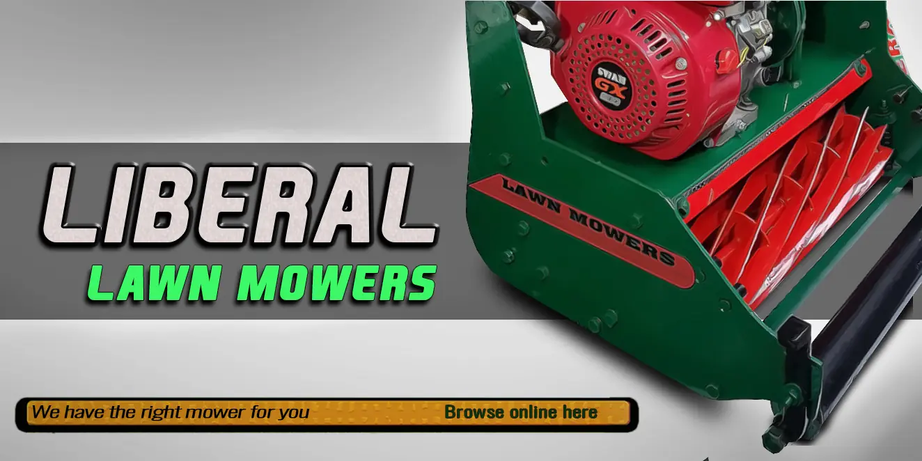 Liberal Lawn Mowers self propelled petrol cylinder mower with 4 stroke petrol engine and green chassis for professional turf care.