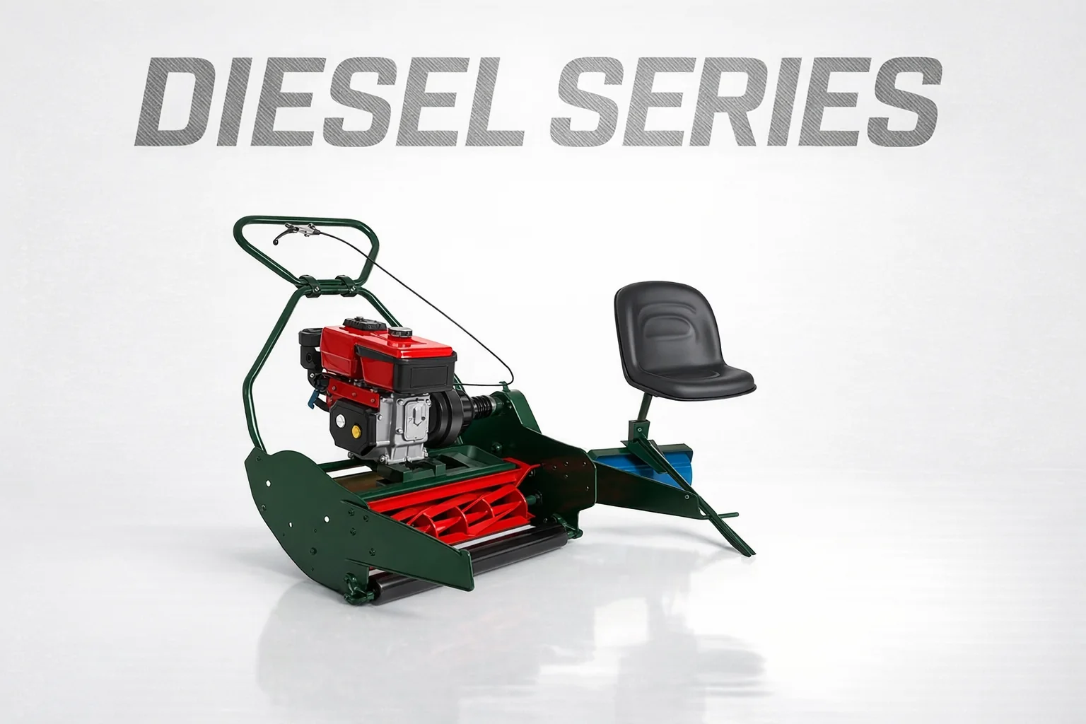 Heavy-duty diesel lawn mower with attached operator seat for professional cricket ground maintenance.