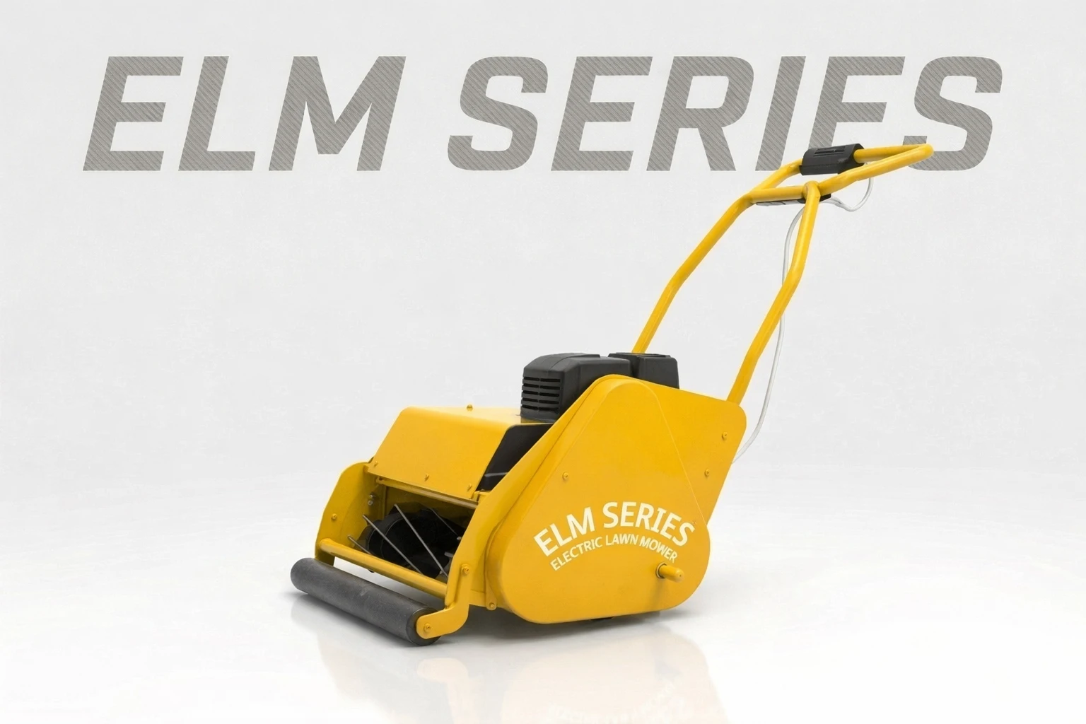 Electric cylinder lawn mower ELM Series in vibrant yellow for quiet and efficient grass cutting.