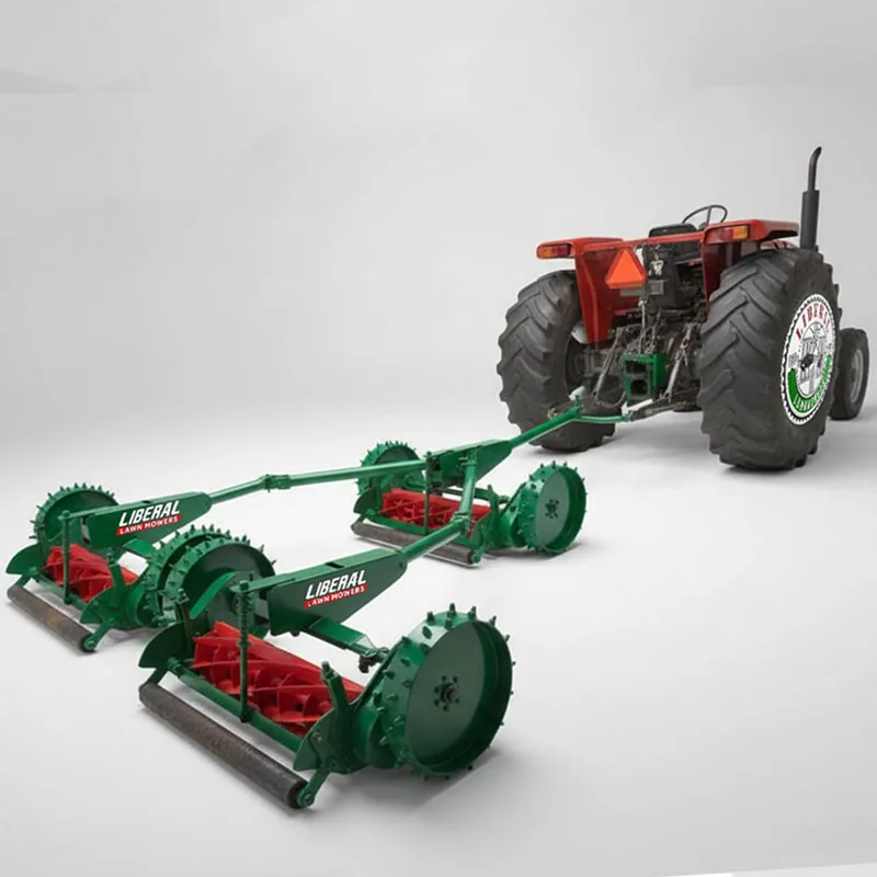 3 Unit Gang Lawn Mower with spike wheels manufactured by Liberal Lawn Mowers for golf courses, cricket grounds, football fields, parks, and commercial turf maintenance in Pakistan.
