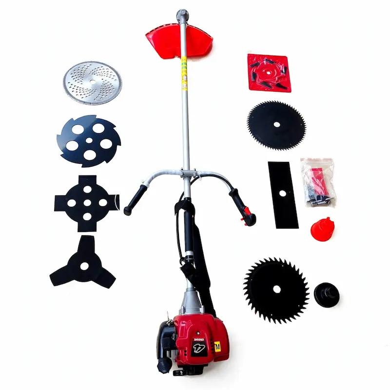 MaxSell MBC-4T 4-Stroke Brush Cutter | 1.0kW Grass Cutter Maxsell brush trimmer displayed with its full accessory kit and various replacement cutting blades.