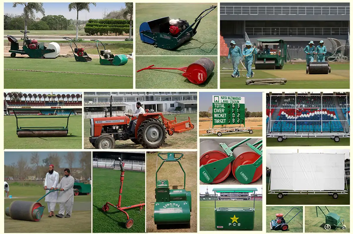PCB Cricket Ground Equipment Liberal Lawn Mowers cricket ground equipment collage featuring pitch rollers, lawn mowers, turf machinery, cricket scoreboards, sight screens and ground covers.