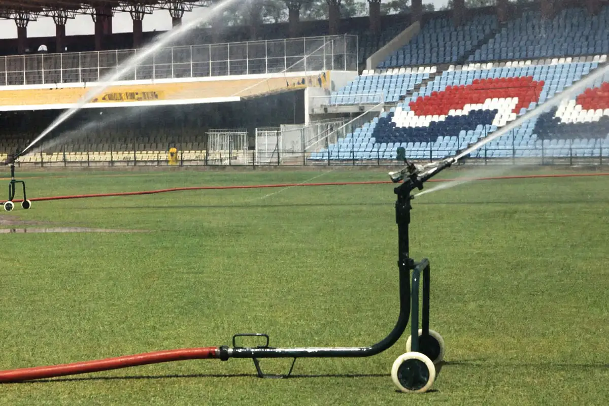 PCB Cricket Ground Equipment Liberal Lawn Mowers sprinkler raingun system installed at Gaddafi Stadium Lahore for cricket outfield irrigation.