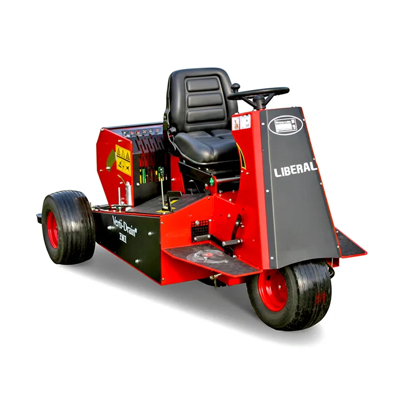 Verti-Drain Ride-On Spike Coring Machine – Deep Aerator for Lawns & Sports Grounds — Pakistan | Liberal | Verti-Drain | Liberal Lawn Mowers – Pakistan’s Trusted Turf Care & Sports Ground Equipment Manufacturer Side profile view of the Liberal 7007 Ride-On Verti-Drain, showing the comfortable operator seat, steering column, and overall machine footprint.