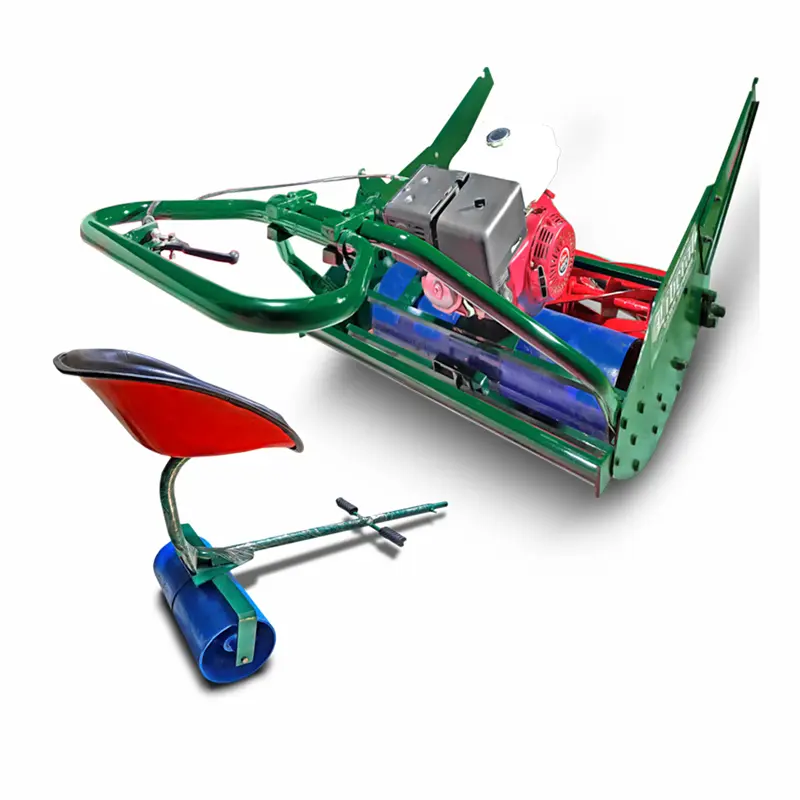 A robust, heavy-duty petrol self-propelled lawn mower with a large 20-inch steel deck being used on a commercial property in Pakistan